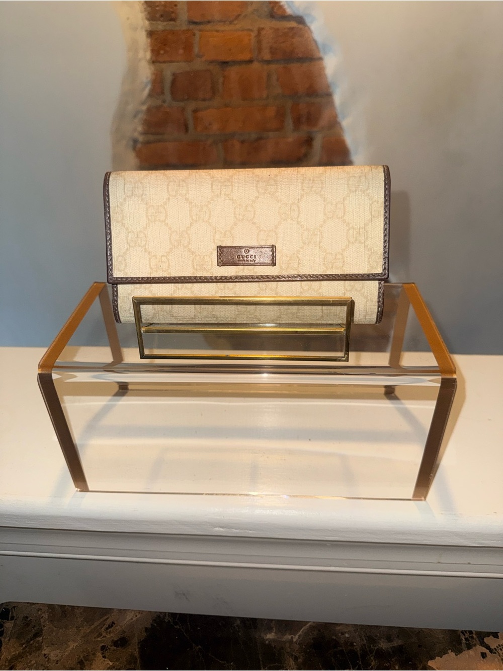 Gucci Vintage GG Supreme Canvas Continental Wallet Brown Logo Plaque